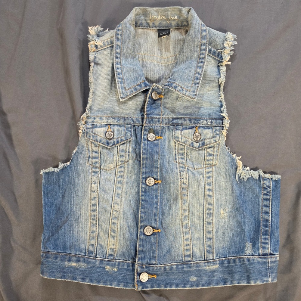 London Jean Vistoria Secret Distressed Denim Vest Light Wash Frayed Trucker Lg